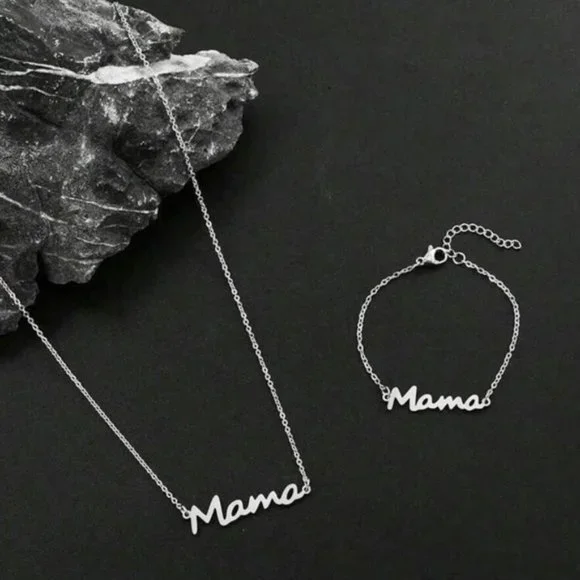 1pc Stainless Steel MAMA Necklace & 1pc Chain Bracelet For Women Mother's Day - Picture 1 of 3